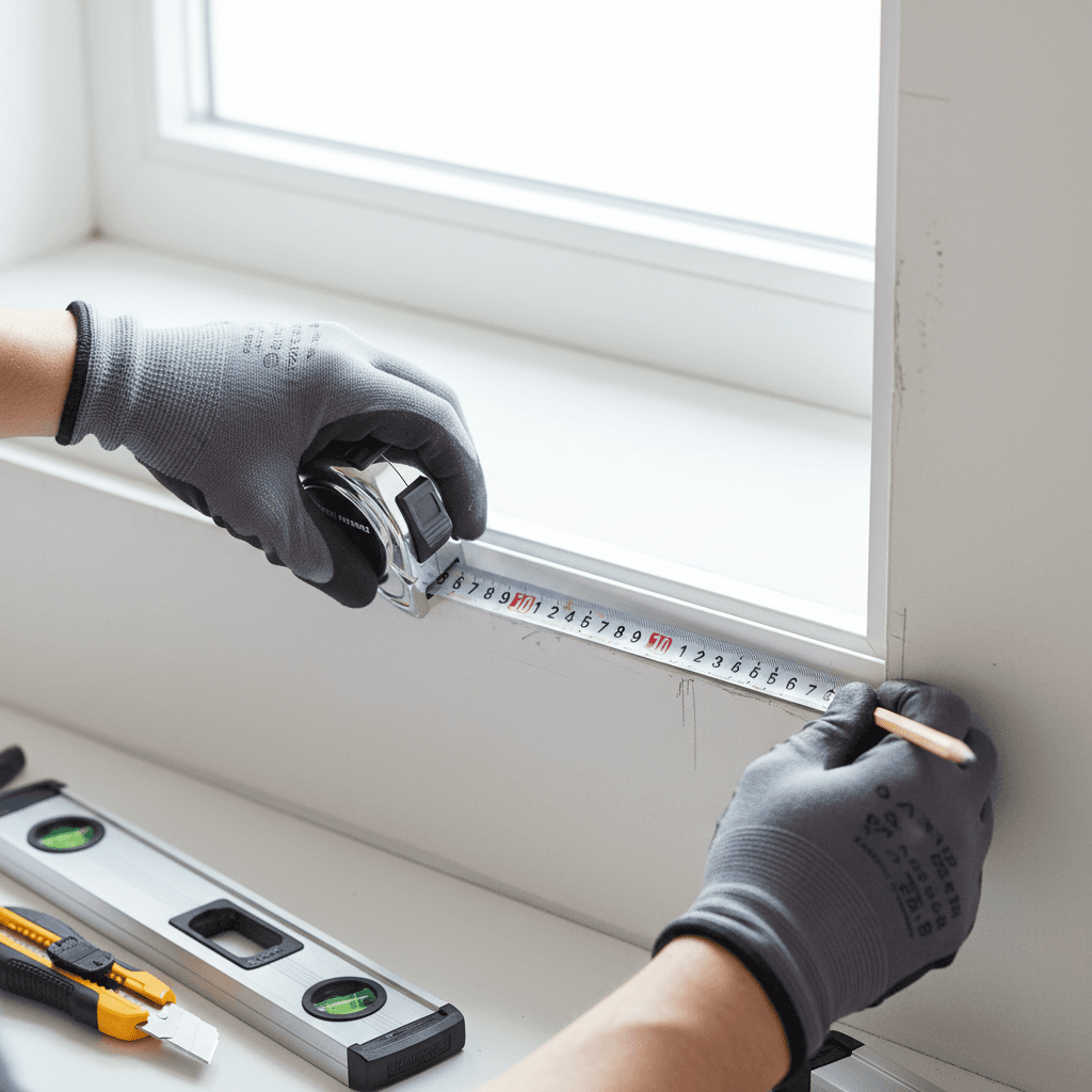 Factory-certified installer measuring a window opening in a Charlotte home, with a tape measure against the frame and natural light coming through an old window nearby.