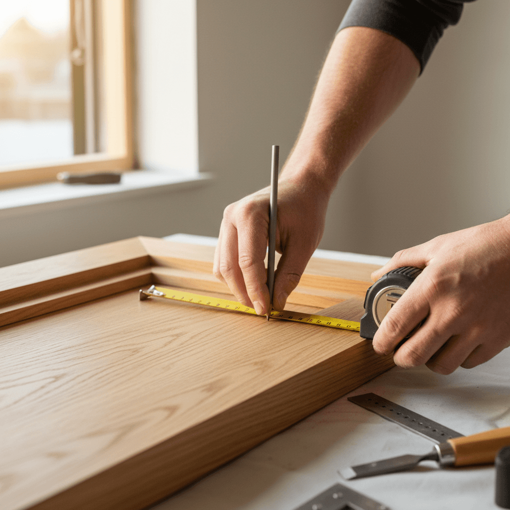 Installer measuring a custom window frame for precise replacement