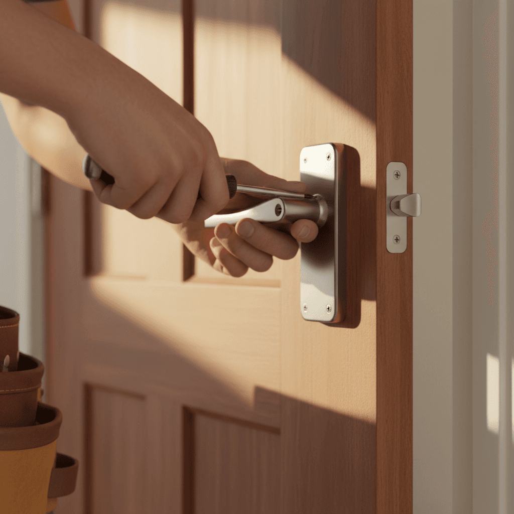 Factory-certified installer carefully fitting a new custom-made door into an exterior frame, tools laid out on a drop cloth, bright daylight from the open doorway.